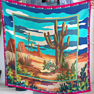 Paint by Number silk scarf at 6Whiskey six whisky by fringe scarves desert scene in pink west texas vibe wild rag
