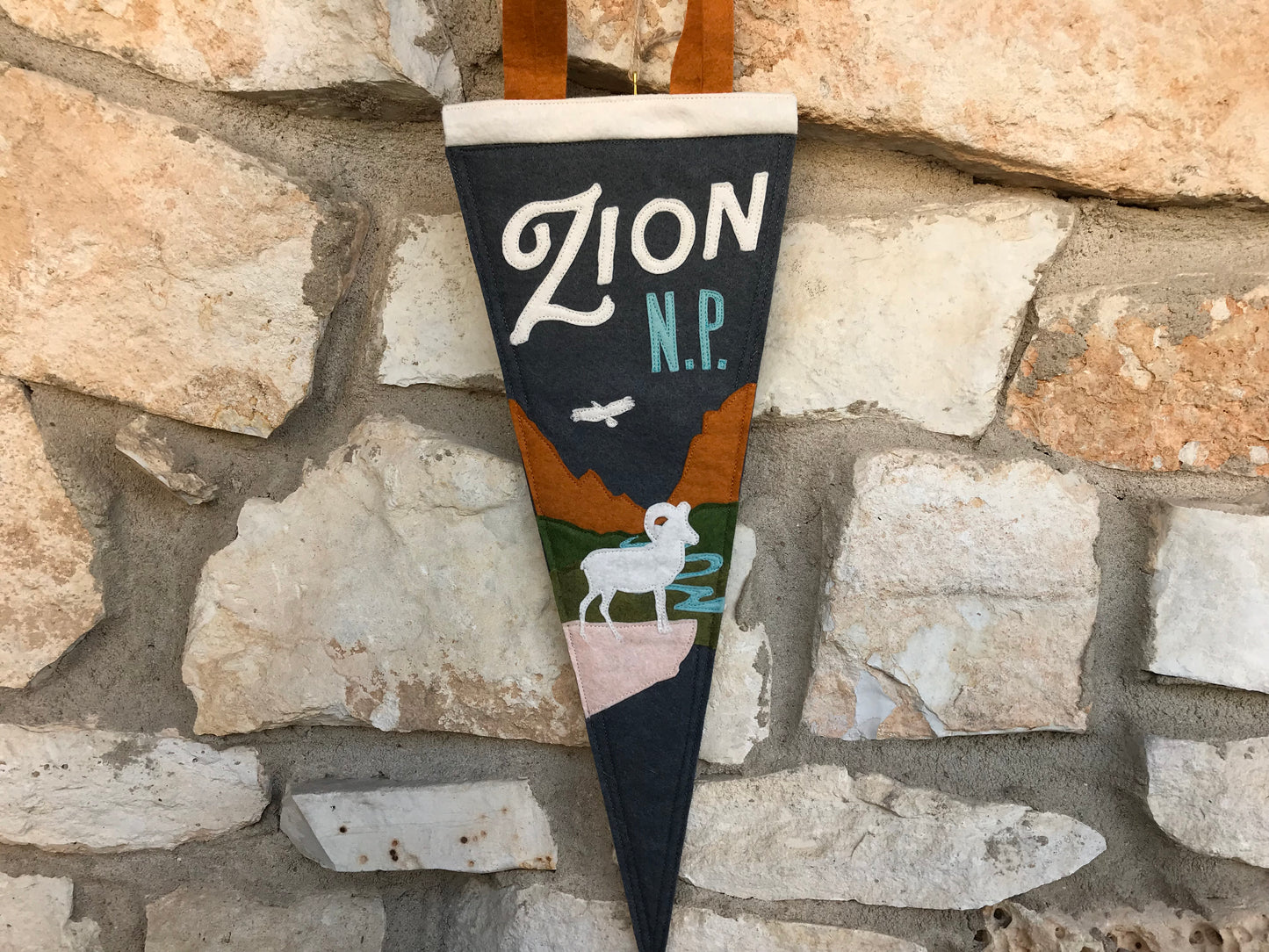 Load image into Gallery viewer, Zion National Park Handmade Felt Pennant at 6Whiskey six whisky in dark grey with ram and mountains
