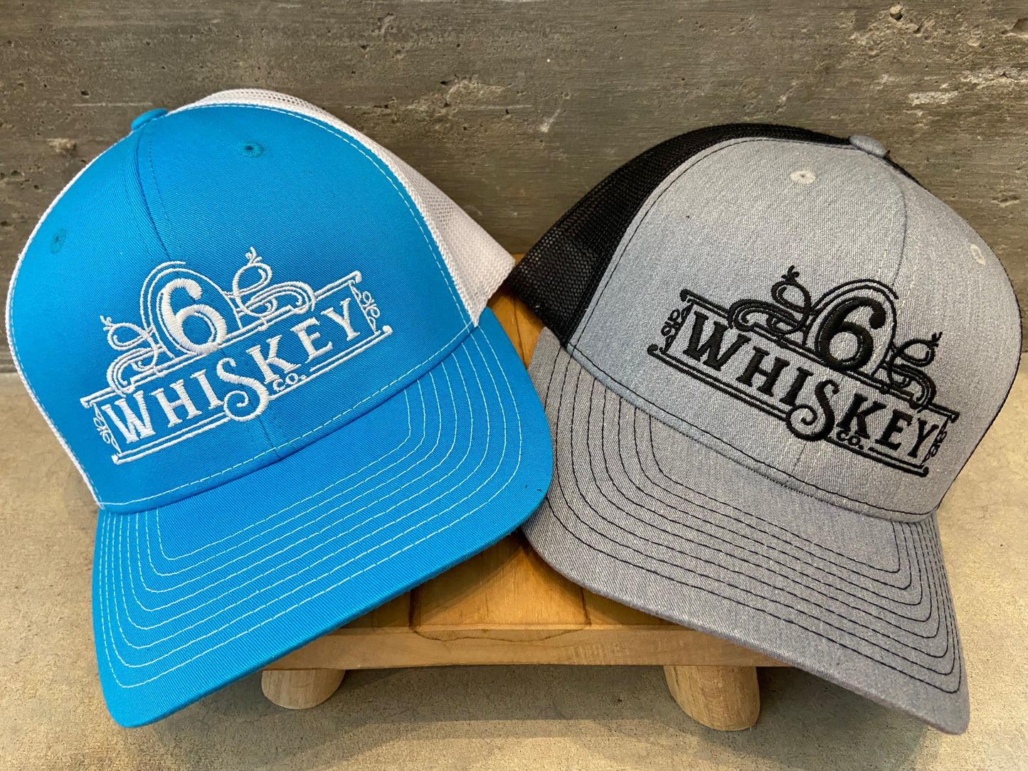 6Whiskey Richarson 112 Trucker Hat in blue and white or grey and black store logo mesh back cap