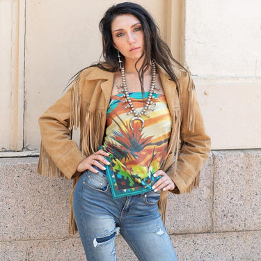 Paint by Number silk scarf at 6Whiskey six whisky by fringe scarves desert scene in blues west texas vibe wild rag tied as a top