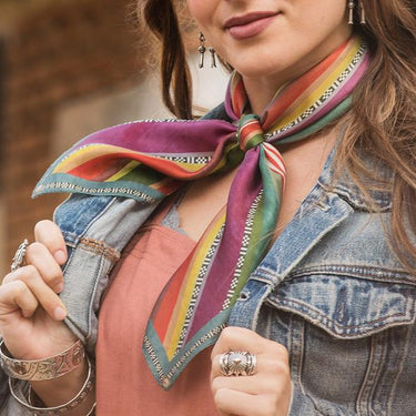 Down South Serape Scarf by Finge Scarves at 6Whiskey, six whisky, striped, magenta, purple, red, orange, coral, yellow, green, blue, boarder, soft, lightweight, breathable, warm weather, texas, south, rodeo, country concert, lunch date, pop of color, classic western, rugged, refined, front view