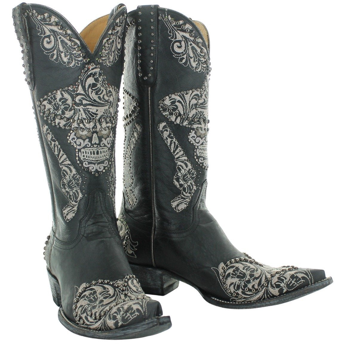 Black Skull Gun's Up Boots at 6Whiskey six whisky by Old Gringo detailed embroidery