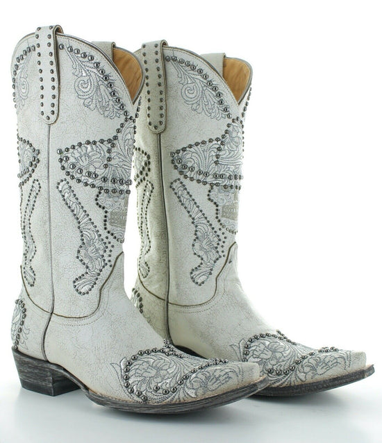White Emboridered skull guns up boots at 6Whiskey six whisky by Old Gringo womens fashion western boots