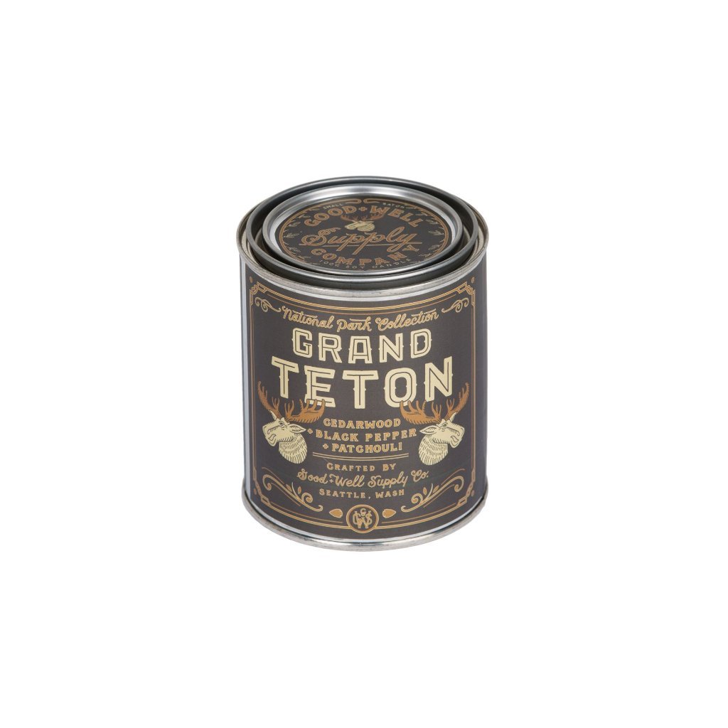 Grand Teton national park candle collection 6 whiskey good well supply six whisky all natural soy wood wick tin