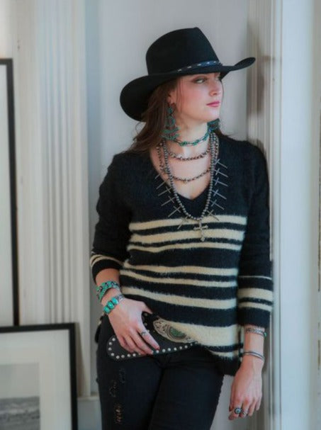 Load image into Gallery viewer, Tasha Polizzi Striped Fuzzy pullover sweater at 6Whiskey six whisky womens v-neck winter
